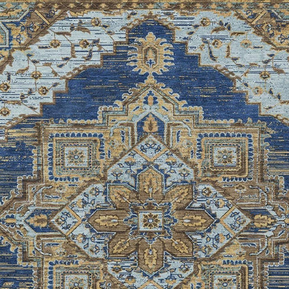 5' X 8' Navy Blue And Linen Oriental Washable Indoor Outdoor Area Rug HomeRoots
