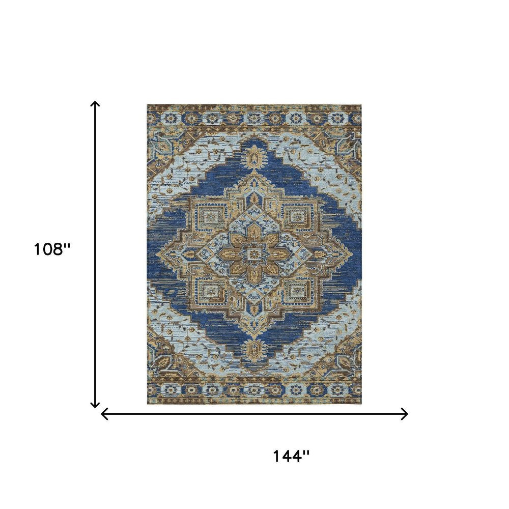 9' X 12' Navy Blue And Linen Oriental Washable Indoor Outdoor Area Rug HomeRoots