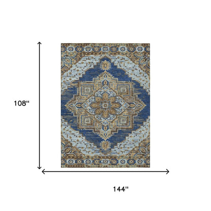 9' X 12' Navy Blue And Linen Oriental Washable Indoor Outdoor Area Rug HomeRoots