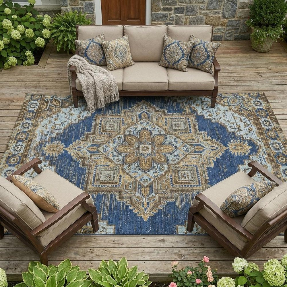 9' X 12' Navy Blue And Linen Oriental Washable Indoor Outdoor Area Rug HomeRoots