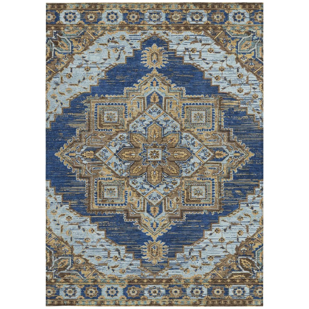 9' X 12' Navy Blue And Linen Oriental Washable Indoor Outdoor Area Rug HomeRoots