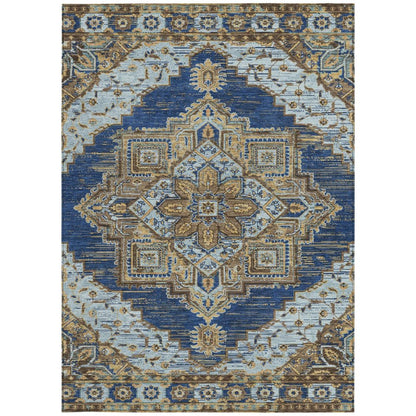 9' X 12' Navy Blue And Linen Oriental Washable Indoor Outdoor Area Rug HomeRoots