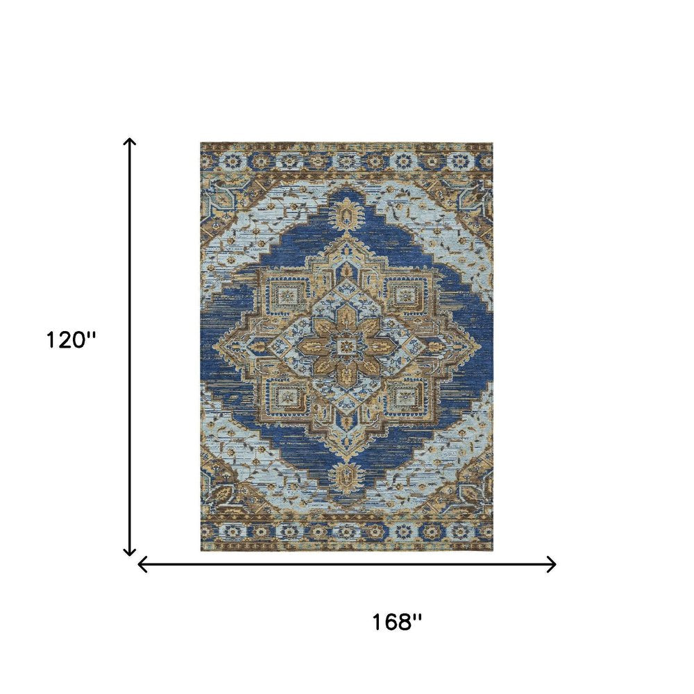 10' X 14' Navy Blue And Linen Oriental Washable Indoor Outdoor Area Rug HomeRoots