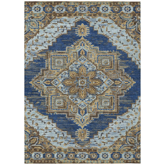 10' X 14' Navy Blue And Linen Oriental Washable Indoor Outdoor Area Rug