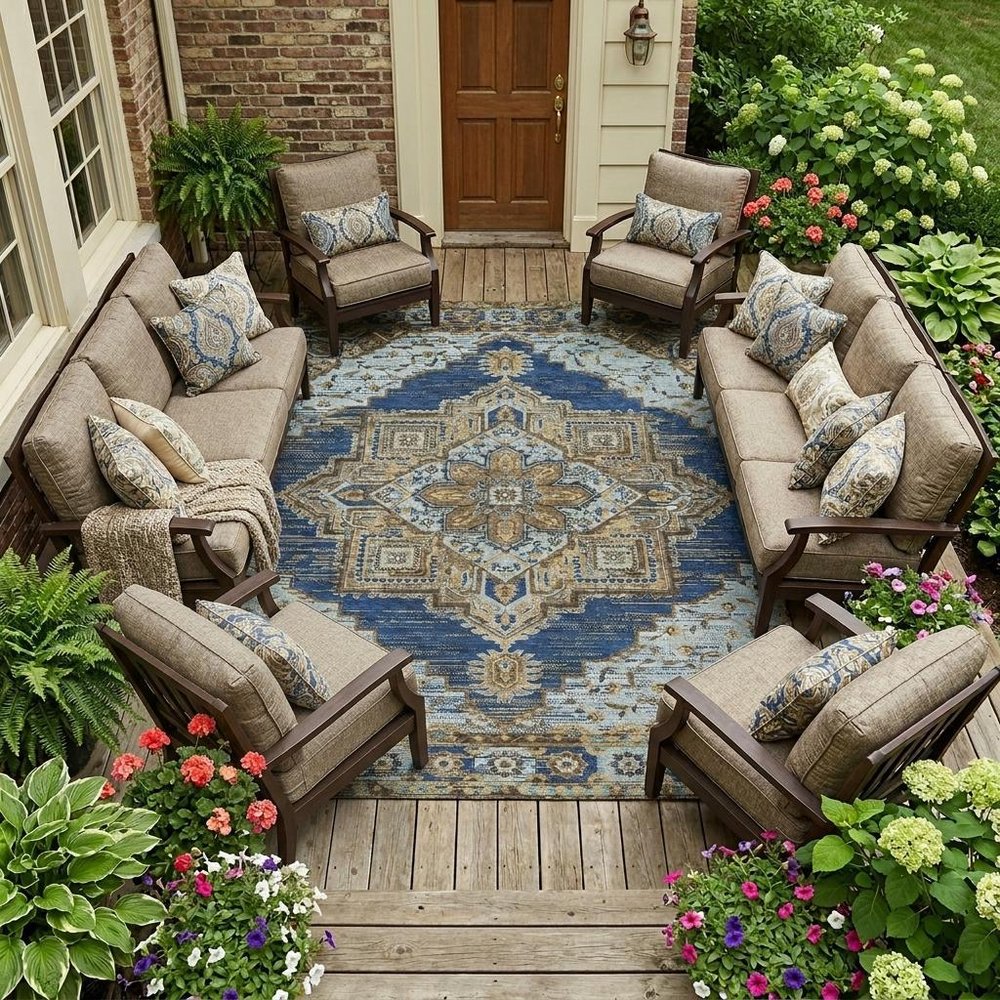 10' X 14' Navy Blue And Linen Oriental Washable Indoor Outdoor Area Rug — view 5