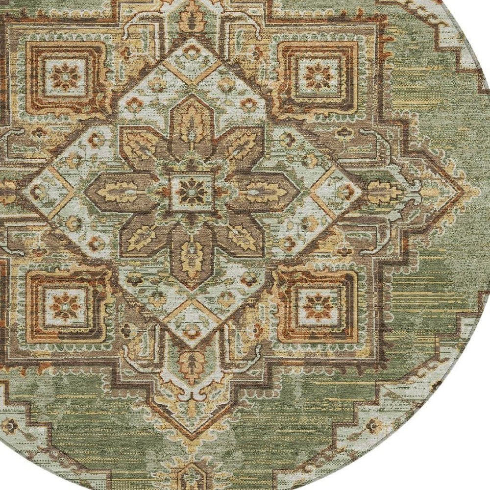 8' Olive Green And Blue Round Oriental Washable Indoor Outdoor Area Rug HomeRoots