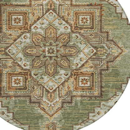 8' Olive Green And Blue Round Oriental Washable Indoor Outdoor Area Rug HomeRoots