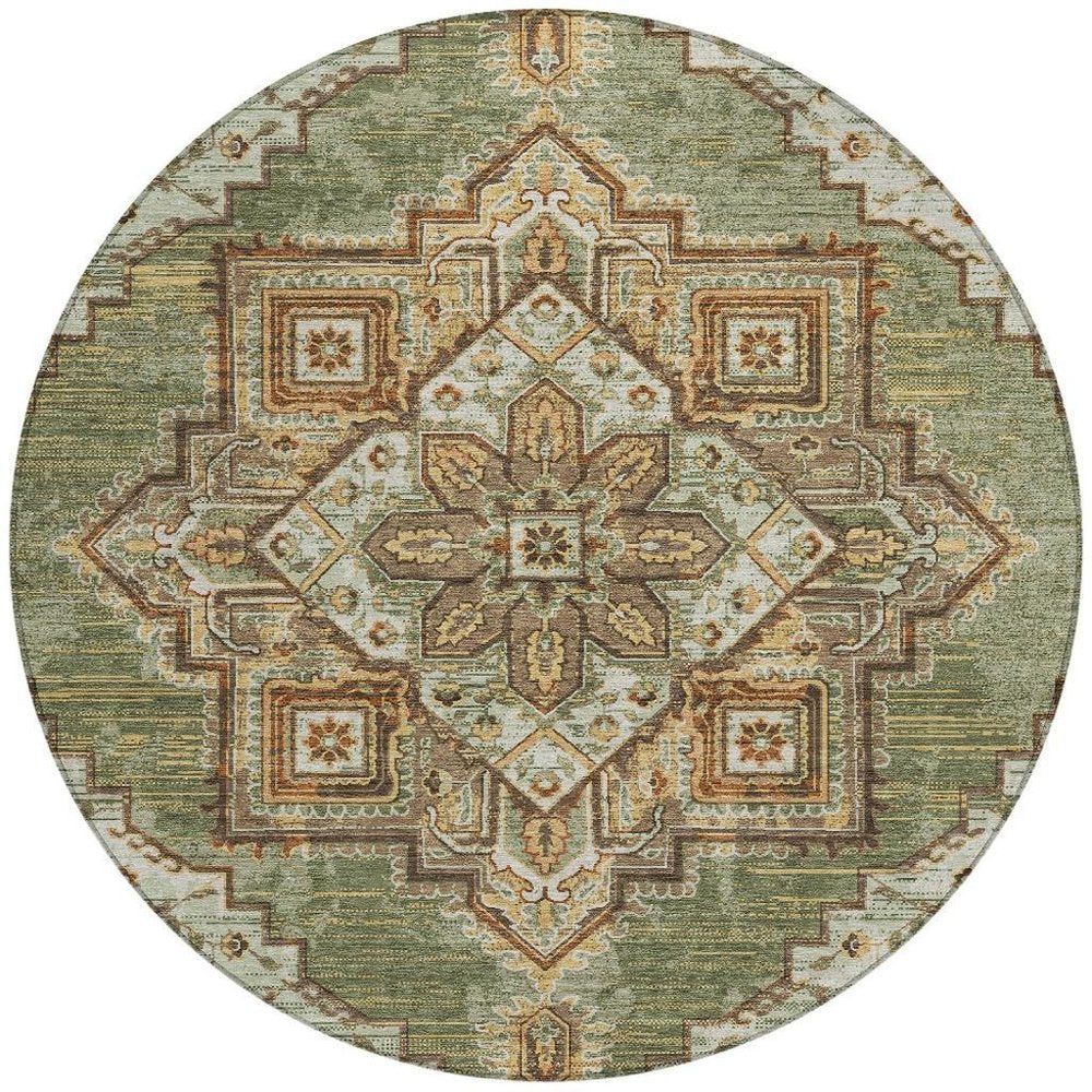 8' Olive Green And Blue Round Oriental Washable Indoor Outdoor Area Rug — view 7