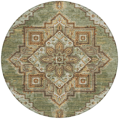 8' Olive Green And Blue Round Oriental Washable Indoor Outdoor Area Rug HomeRoots