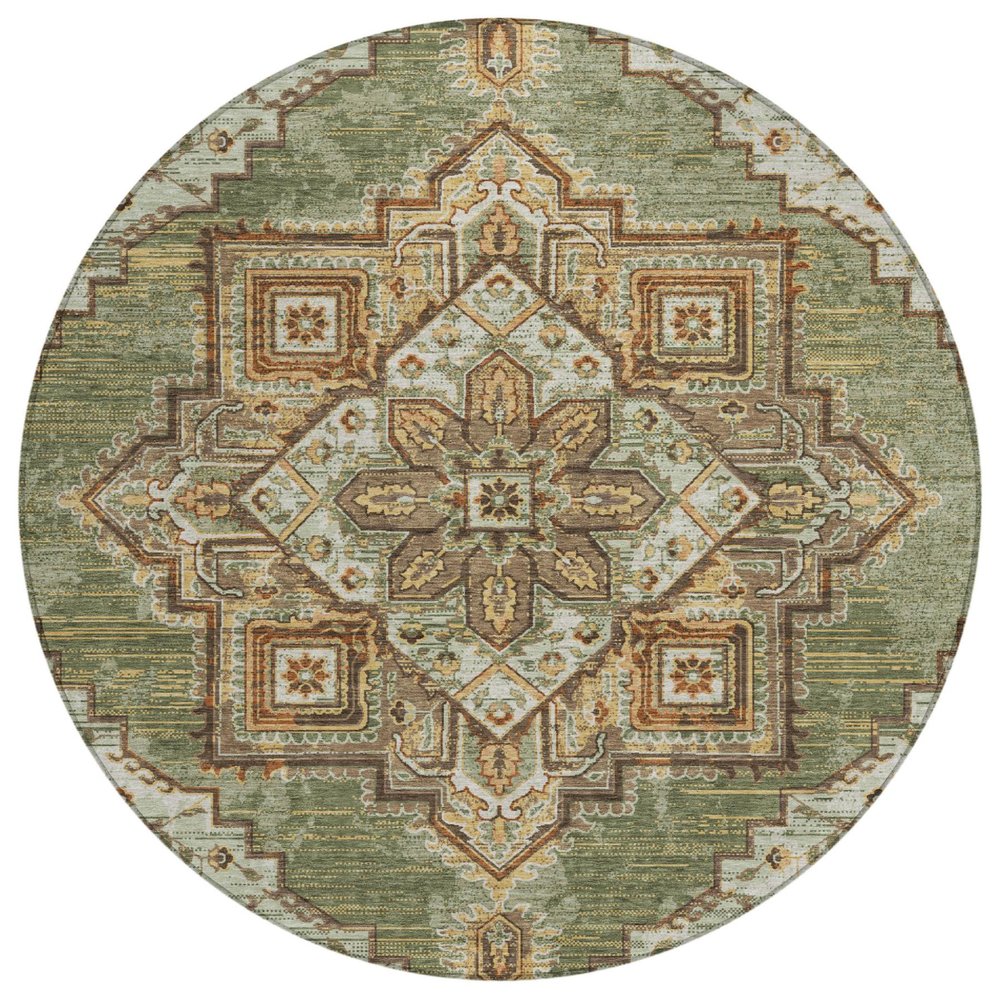 8' Olive Green And Blue Round Oriental Washable Indoor Outdoor Area Rug — view 1