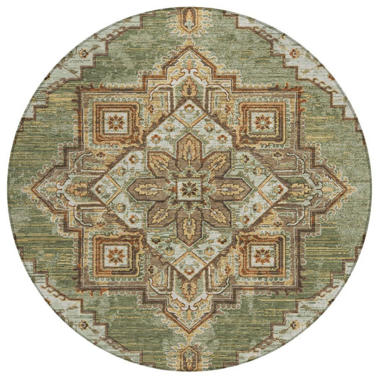 8' Olive Green And Blue Round Oriental Washable Indoor Outdoor Area Rug