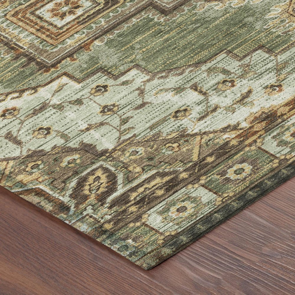 8' Olive Green And Blue Round Oriental Washable Indoor Outdoor Area Rug HomeRoots