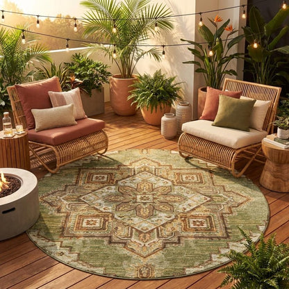 8' Olive Green And Blue Round Oriental Washable Indoor Outdoor Area Rug HomeRoots