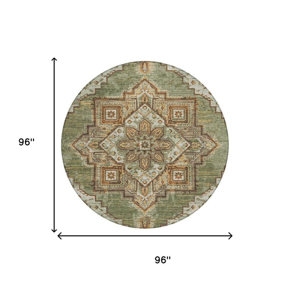 8' Olive Green And Blue Round Oriental Washable Indoor Outdoor Area Rug — view 4