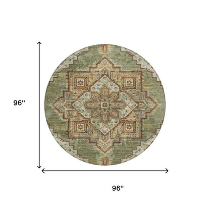 8' Olive Green And Blue Round Oriental Washable Indoor Outdoor Area Rug HomeRoots