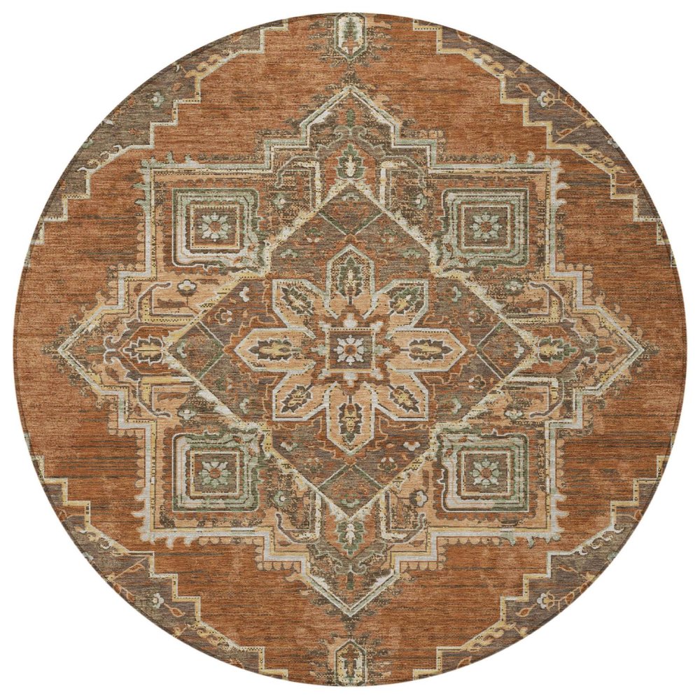 8' Orange And Aqua Round Oriental Washable Indoor Outdoor Area Rug HomeRoots