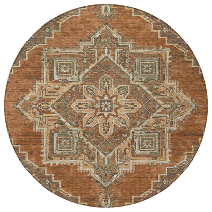8' Orange And Aqua Round Oriental Washable Indoor Outdoor Area Rug HomeRoots