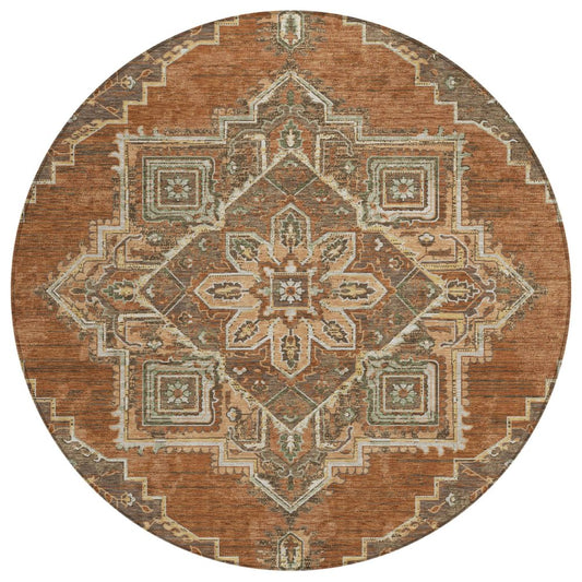 8' Orange And Aqua Round Oriental Washable Indoor Outdoor Area Rug