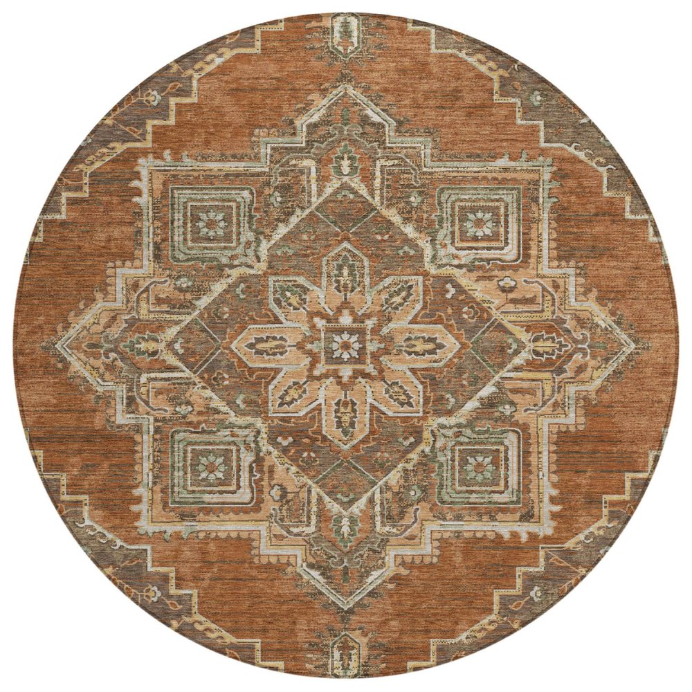 8' Orange And Aqua Round Oriental Washable Indoor Outdoor Area Rug HomeRoots