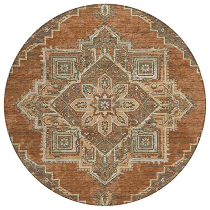 8' Orange And Aqua Round Oriental Washable Indoor Outdoor Area Rug HomeRoots