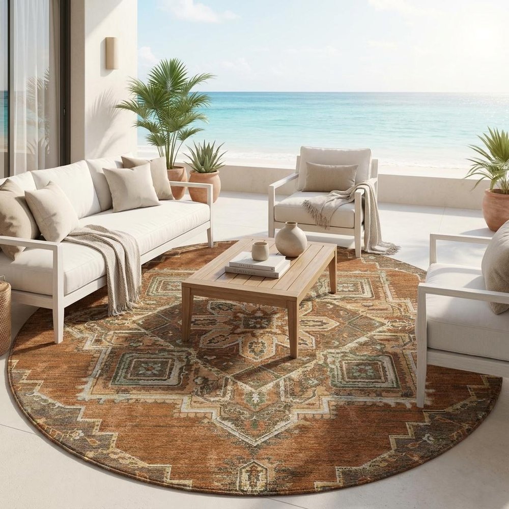 8' Orange And Aqua Round Oriental Washable Indoor Outdoor Area Rug — view 5