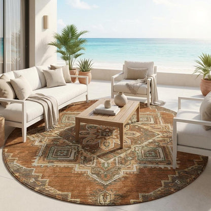 8' Orange And Aqua Round Oriental Washable Indoor Outdoor Area Rug HomeRoots