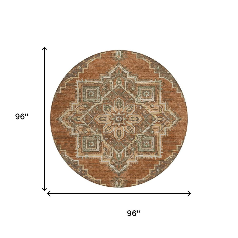 8' Orange And Aqua Round Oriental Washable Indoor Outdoor Area Rug — view 4
