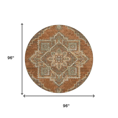 8' Orange And Aqua Round Oriental Washable Indoor Outdoor Area Rug HomeRoots