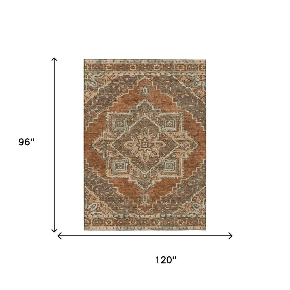 8' X 10' Orange And Aqua Oriental Washable Indoor Outdoor Area Rug — view 4