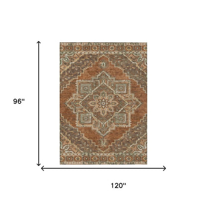 8' X 10' Orange And Aqua Oriental Washable Indoor Outdoor Area Rug HomeRoots