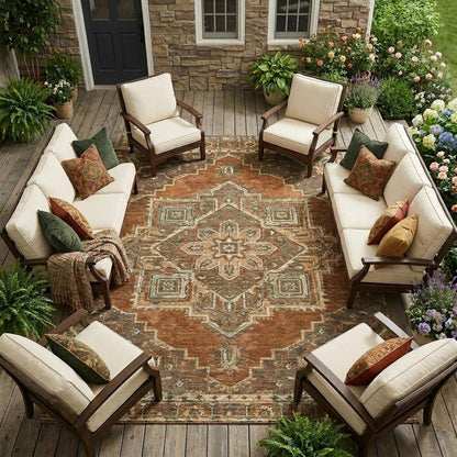 10' X 14' Orange And Aqua Oriental Washable Indoor Outdoor Area Rug HomeRoots