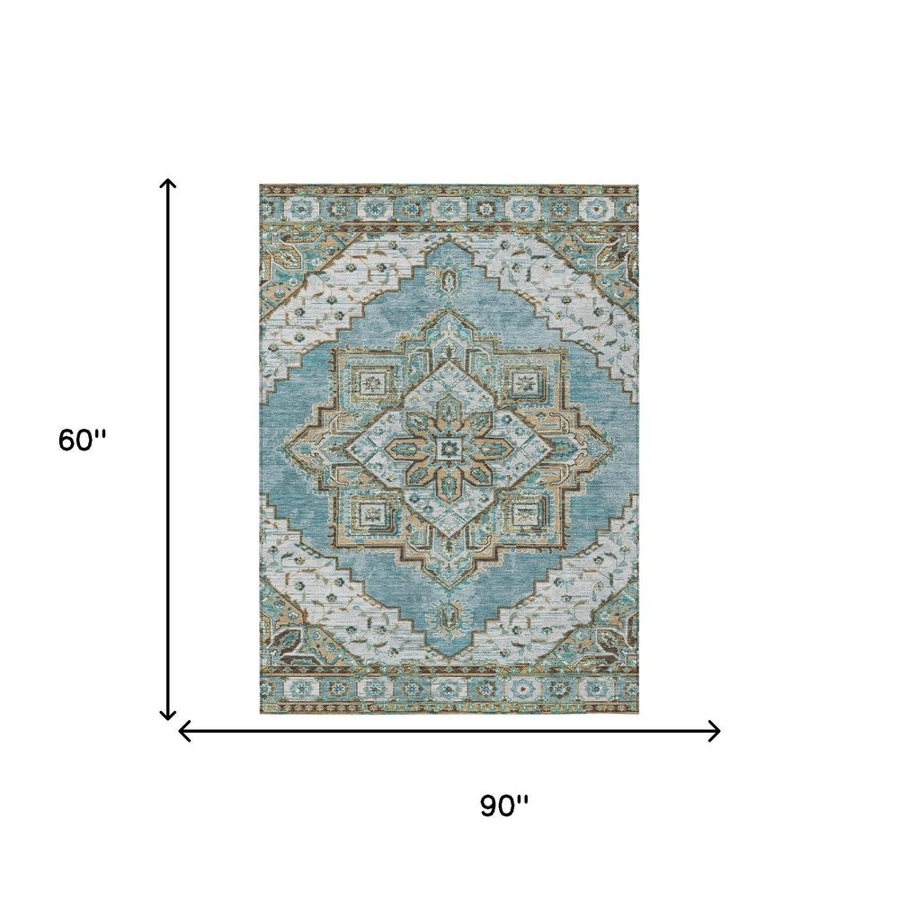 5' X 8' Teal Blue And Graphite Oriental Washable Indoor Outdoor Area Rug