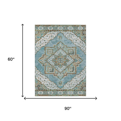 5' X 8' Teal Blue And Graphite Oriental Washable Indoor Outdoor Area Rug