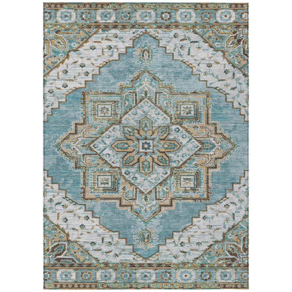 5' X 8' Teal Blue And Graphite Oriental Washable Indoor Outdoor Area Rug — view 1
