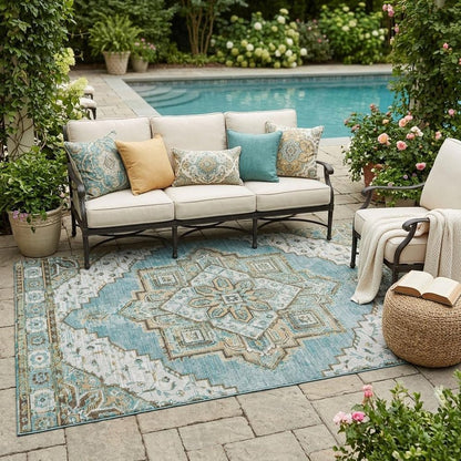 5' X 8' Teal Blue And Graphite Oriental Washable Indoor Outdoor Area Rug HomeRoots