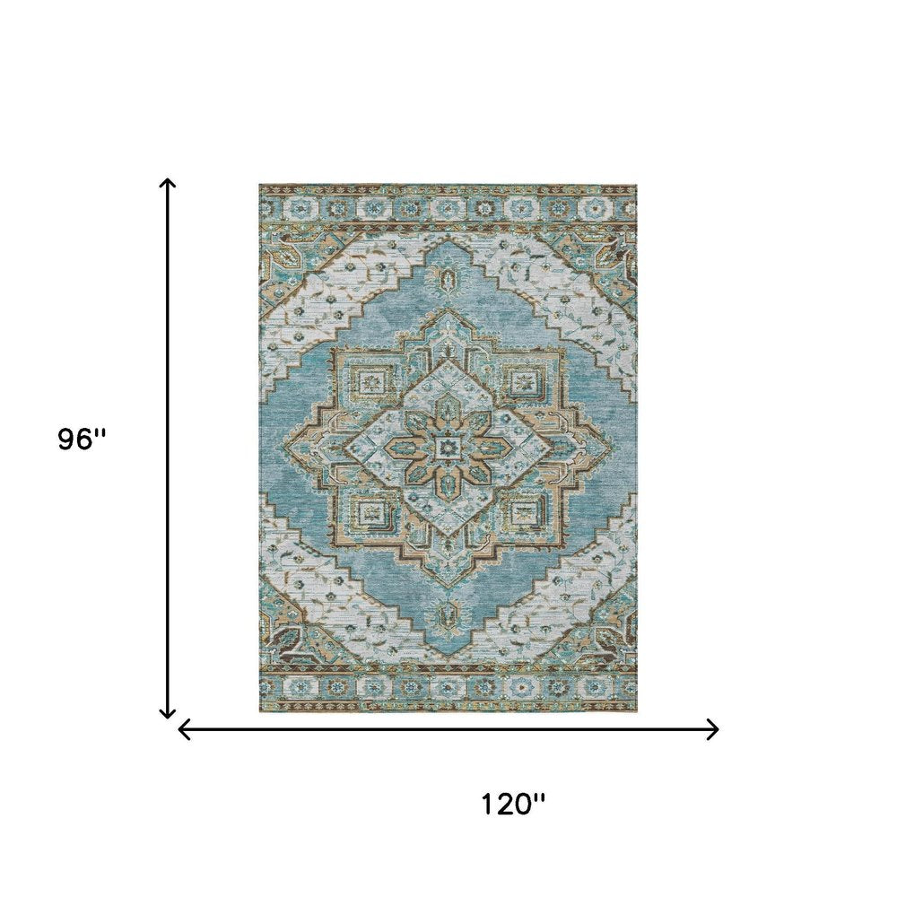 8' X 10' Teal Blue And Graphite Oriental Washable Indoor Outdoor Area Rug — view 4
