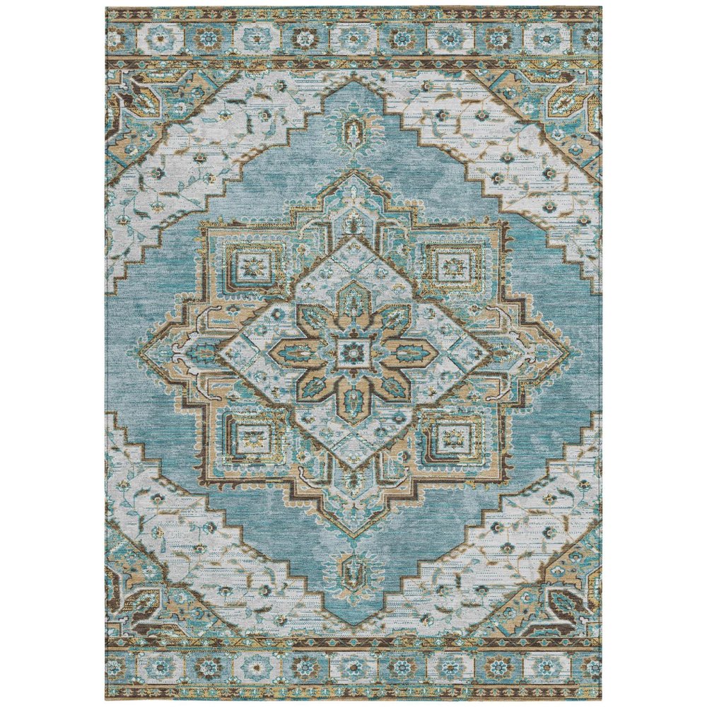 8' X 10' Teal Blue And Graphite Oriental Washable Indoor Outdoor Area Rug — view 7