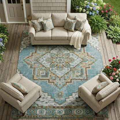 8' X 10' Teal Blue And Graphite Oriental Washable Indoor Outdoor Area Rug HomeRoots