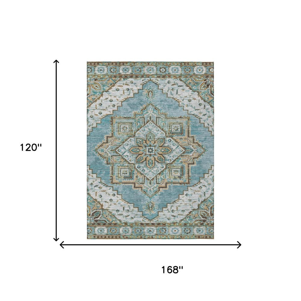 10' X 14' Teal Blue And Graphite Oriental Washable Indoor Outdoor Area Rug — view 4
