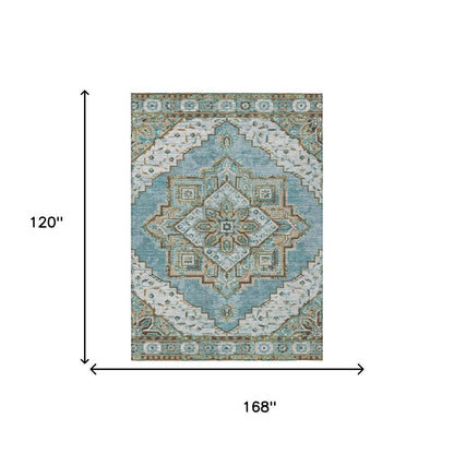 10' X 14' Teal Blue And Graphite Oriental Washable Indoor Outdoor Area Rug HomeRoots