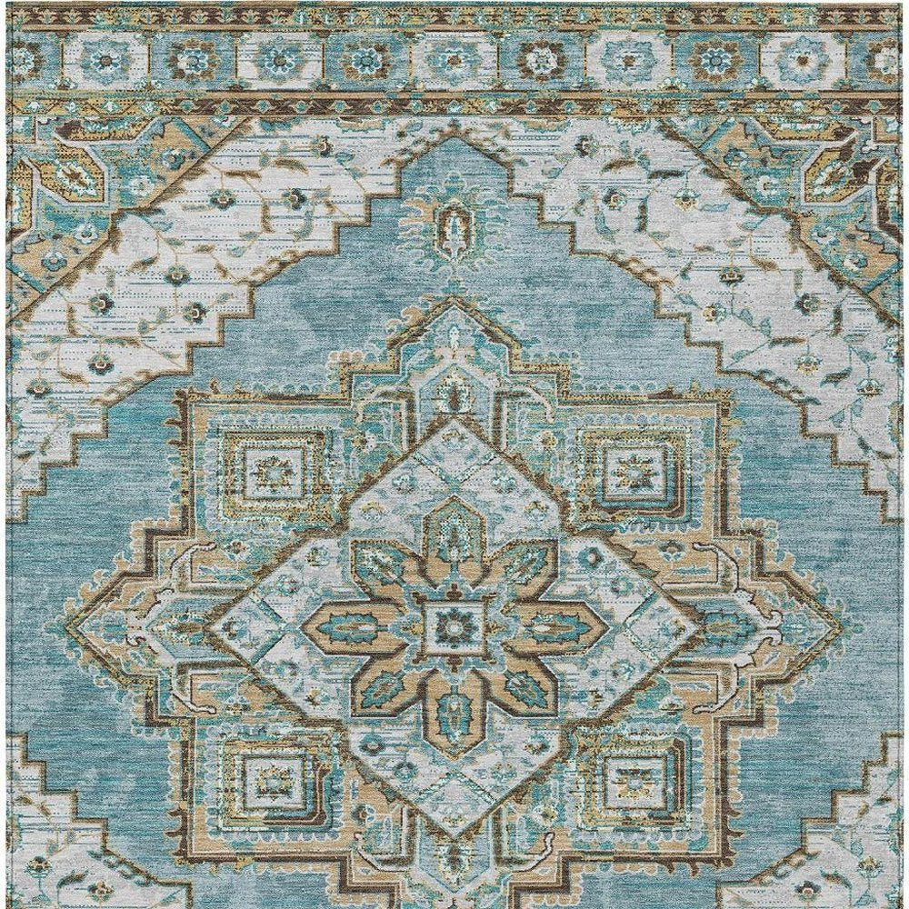 10' X 14' Teal Blue And Graphite Oriental Washable Indoor Outdoor Area Rug — view 7