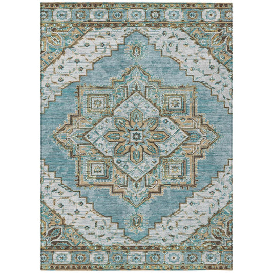 10' X 14' Teal Blue And Graphite Oriental Washable Indoor Outdoor Area Rug