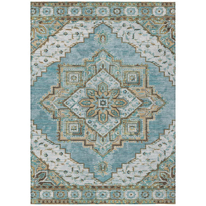 10' X 14' Teal Blue And Graphite Oriental Washable Indoor Outdoor Area Rug