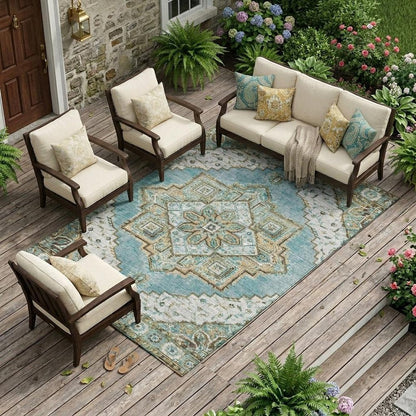 10' X 14' Teal Blue And Graphite Oriental Washable Indoor Outdoor Area Rug HomeRoots