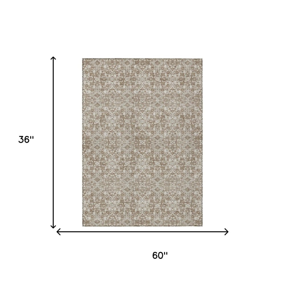 3' X 5' Beige And Khaki Oriental Washable Indoor Outdoor Area Rug HomeRoots