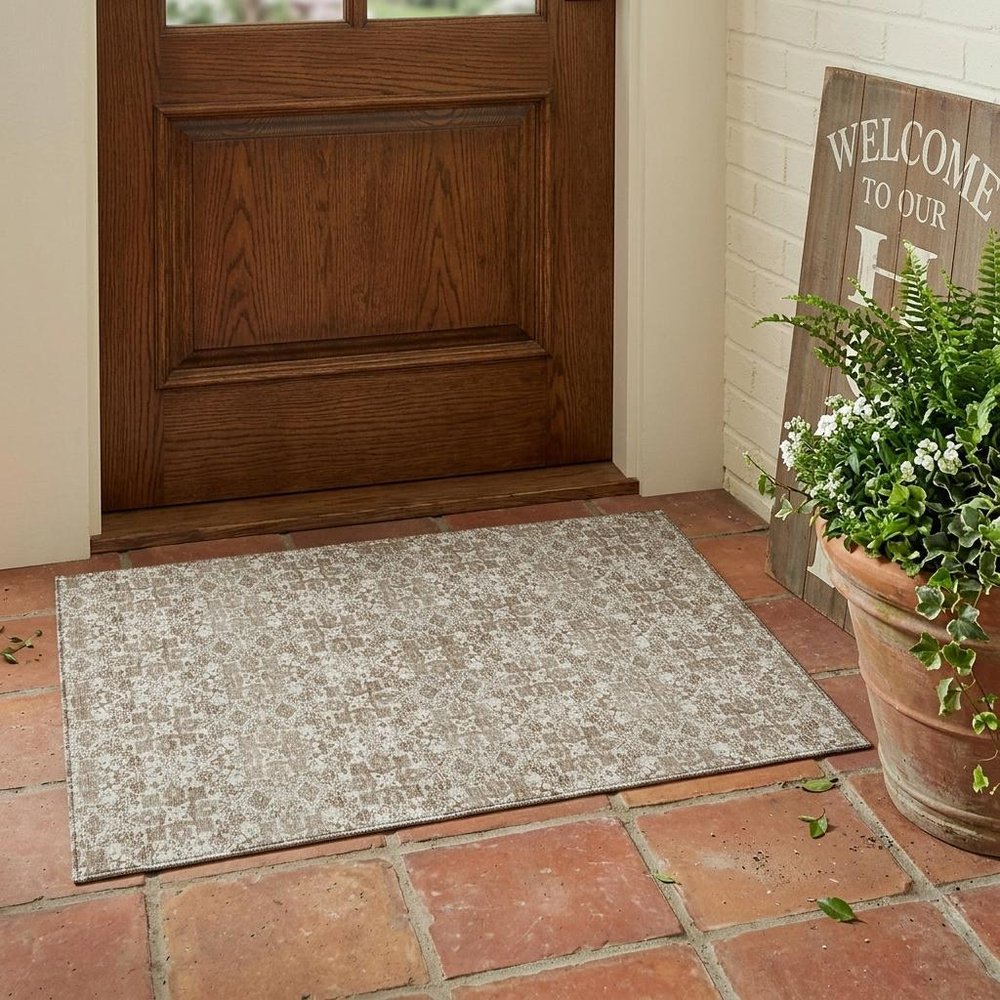 3' X 5' Beige And Khaki Oriental Washable Indoor Outdoor Area Rug — view 5