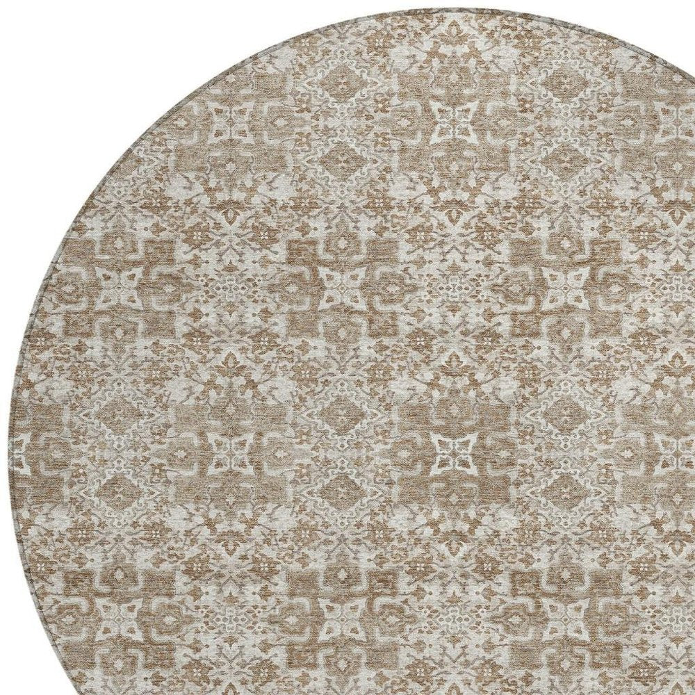 8' Beige And Khaki Round Oriental Washable Indoor Outdoor Area Rug — view 6