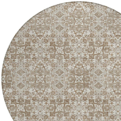 8' Beige And Khaki Round Oriental Washable Indoor Outdoor Area Rug HomeRoots
