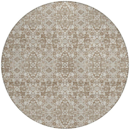 8' Beige And Khaki Round Oriental Washable Indoor Outdoor Area Rug HomeRoots