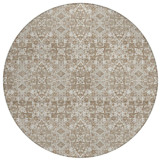 8' Beige And Khaki Round Oriental Washable Indoor Outdoor Area Rug